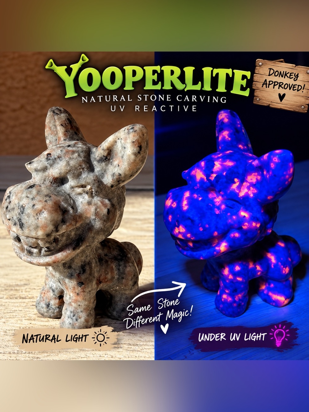 Natural Yooperlite Donkey Shrek Stone Carving UV Reactive Figurine